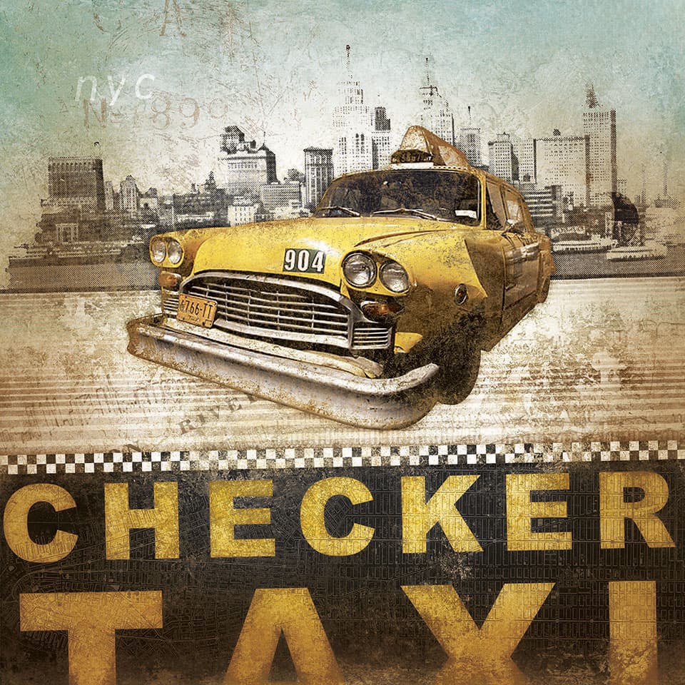 Illustrated yellow taxi cab with layered halftone texture