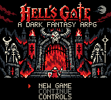 Hell’s Gate title screen with a flaming gate and armored knight