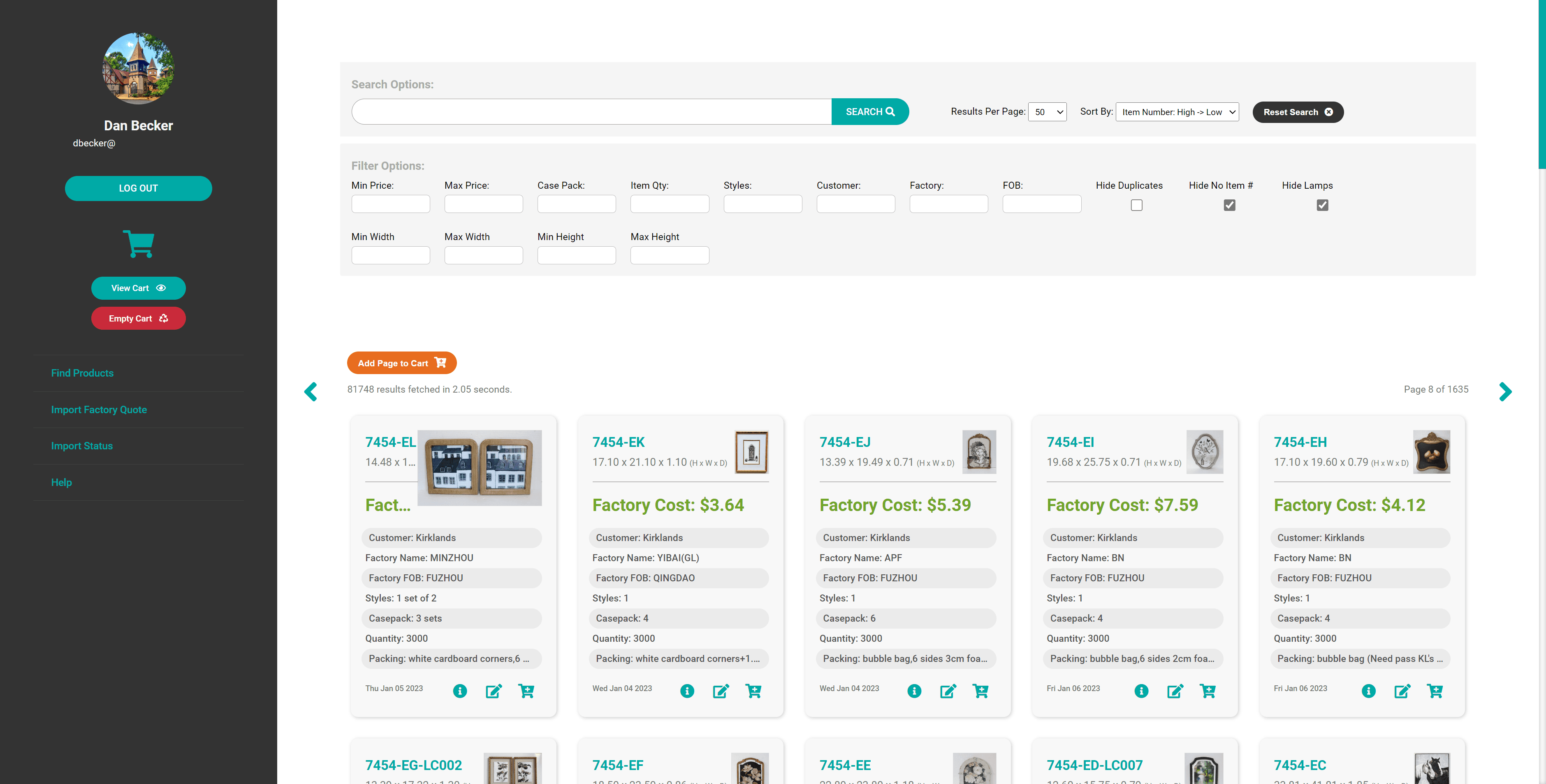 MyPrice enterprise pricing search results