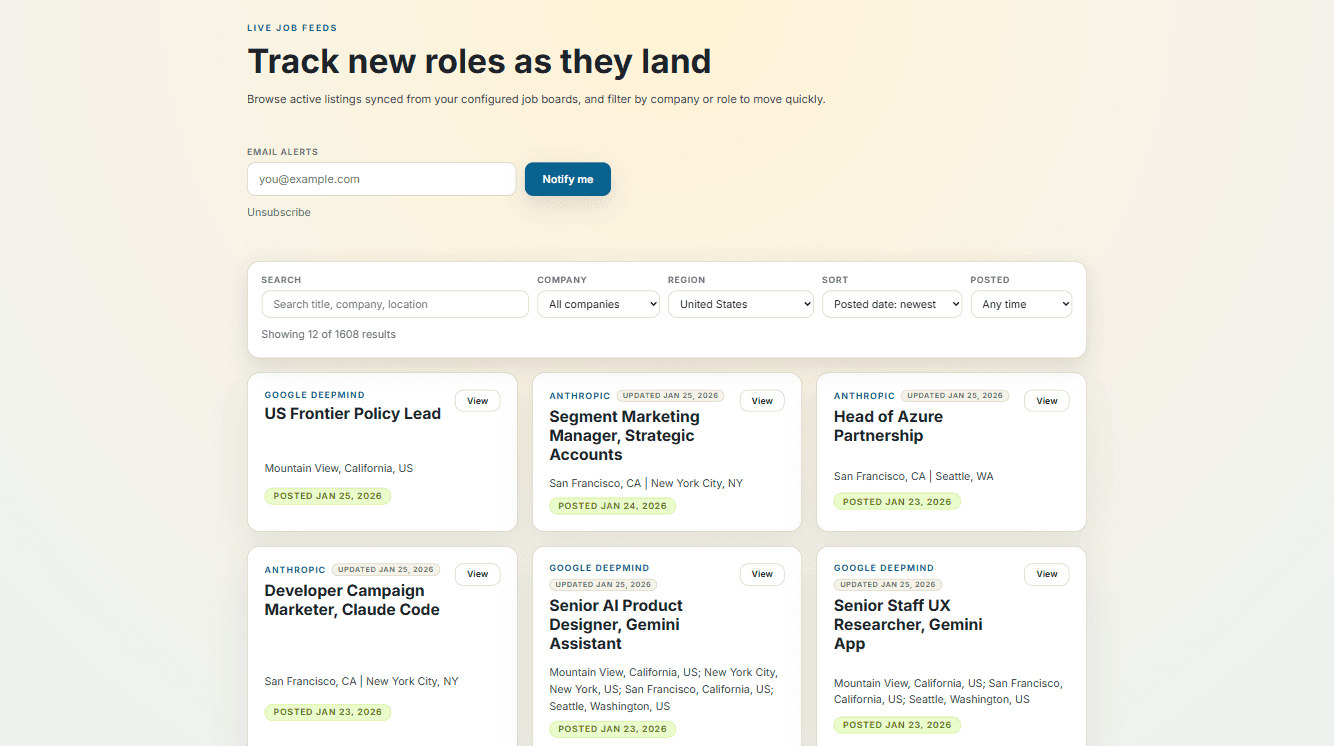 Early Applicant job listing dashboard