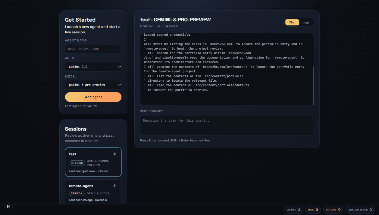 code-agent.online dashboard showing remote devices, agent sessions, and streaming logs